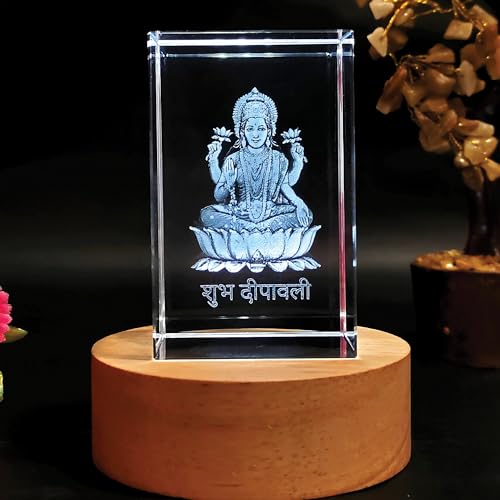 Image of GROB God Idol 3D Crystal Cube with LED Light Base in Festivals, Personalized Gift,Home Decoration, Showpiece for Home(Transparent 50 X 50 X 80 mm) (Laxmi)