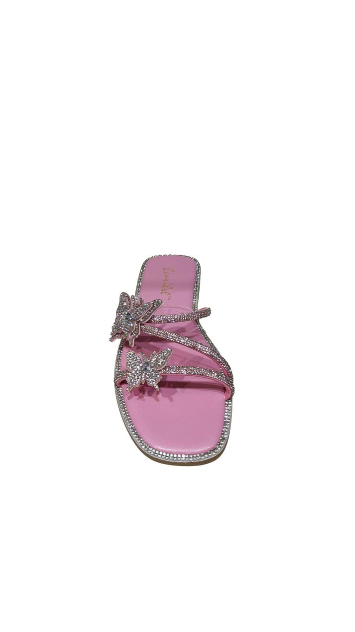 BonnibelWomen's Amita-12 Rhinestone Embellished Tripe Strap Butterfly Accent Slip On Flat Slide Sandals