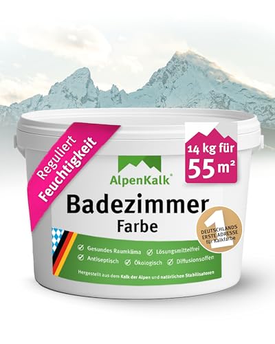 AlpenKalk Weiße Badezimmerfarbe I 14 kg für ca. 55m² I Spezielle Kalkfarbe für Bad & feuchte Räume I Hochdeckend & atmungsaktiv mit Anti-Schimmel Formel I Wischfest & feuchtigkeitsregulierend