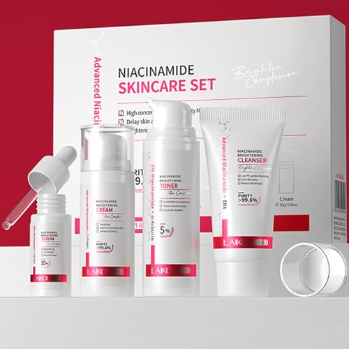 LAIKOU Niacinamide Skincare Set 4 pcs Anti-aging Skin Care Kits Moisturizer for Glass Skin with Facial Cleanser Toner Hydrating Serum Cream for Reduces Dark Spots Fine Line Treatment