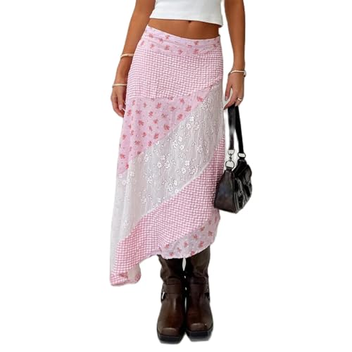 Women Y2K Maxi Skirt Coquette Hight Waist Lace Patchwork Irregular Hem Flowy Midi Skirts Summer Vacation Beachwear