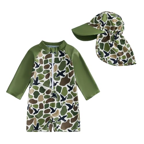 Image of niceclould Toddler Baby Boy Swimsuit Rash Guard Swimwear Camouflage Long Sleeve Half Zip Up Hat 2 Pieces Baby Bathing Suit