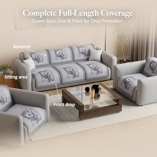 Image of Kuber Industries 5 Seater Sofa Cover | Velvet Slipcover for Living Room | Thick & Cozy | Non-Slip Comfort Sofa Cover Set | Pyramid Flower 560 - Grey & White