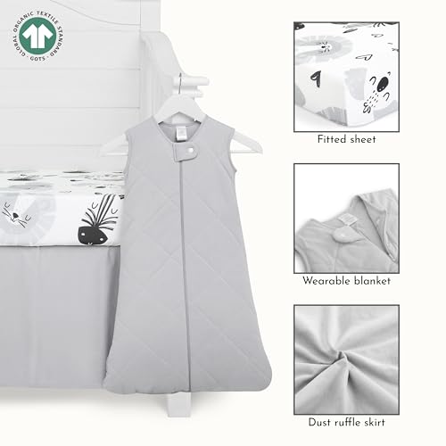 Image of Evolur Zoo Love 3 Piece Crib Bedding Set, Machine Washable, Soft and Breathable Toddler Bedding Set, Includes Fitted Sheet, Wearable Blanket and Crib Skirt