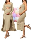 Rnxrbb 2 Piece Maternity Dress Cardigan Baby Shower Wedding Guest Summer Maxi Photoshoot Tube Maternity Dresses Bodycon Long,Oatmeal S