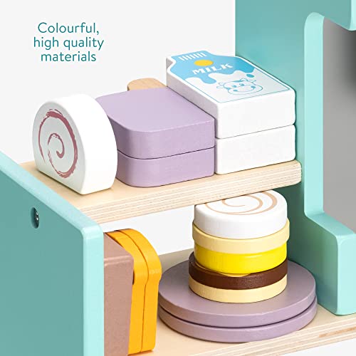 Navaris Kinder Café aus Holz - Kinderküche Kaffeemaschine - Rollenspiel ab 18 Monate - Kaufladen Kindercafé 28 Teile Zubehör - Montessori Spielküche Coffee Shop – Bild 4