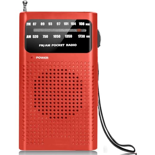 Innovaland Premes Tragbares Notfallradio (AM/FM) Batteriebetriebener 2-Band-Weltempfänger für Reisen Camping und Wandern Kompaktes Radio mit Teleskopantenne Kopfhöreranschluss Tragegurt Rot