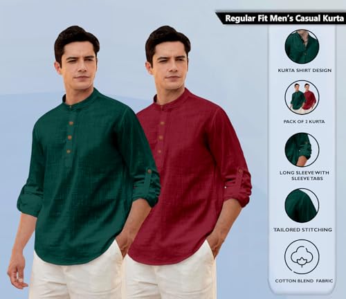 Image of Zombom Men's Combo Cotton Polyester Blend Solid Full Sleeve Straight Regular Fit Mandarin /Chinese Collor Kurta (Pack of 2)