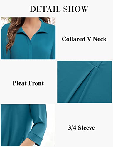 Youtalia Womens Work Blouses And Tops Professional, Ladies Collared Shirts Dressy Casual 3/4 Sleeve Tunic Blouses For Women Business Casual Tops Spring Solid Color Blouses Shirts Blue Coral Medium #TOP4