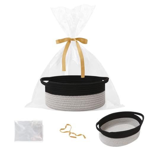 Image of Woven Rope Basket - Baby Gift Basket with Bag & Ribbon, Black&Grey