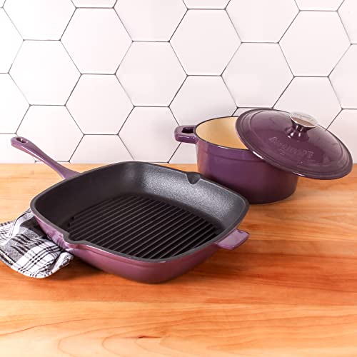 BergHOFF 3Pc Neo Enameled Cast Iron Cookware Set, 3qt. Dutch Oven, Matching Lid, Square Grill Pan 11 Inches, Oven Safe Up To 400°F, Purple