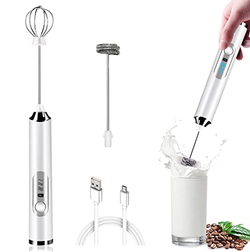 Milk Frother Rechargeable Handheld, Electric Whisk Coffee Frother Mixer with 2 Stainless whisks, 3...