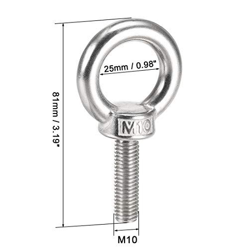 Image of uxcell Lifting Eye Bolt M10 x 35mm Male Thread 304 Stainless Steel for Hanging, Pack of 2