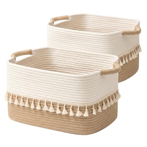 TeoKJ 2 Pack Woven Storage Bin, Cotton Rope Basket for Storage, Clothes Boho Basket Bin for Organizing, Fabric Basket for Books, Plants, Pet Treats, White & Jute
