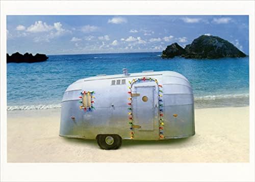 Palm Press Silver Airstream Camper on Tropical Beach Warm Weather Box of 10 Christmas Cards