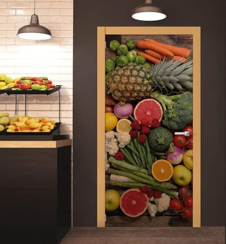 Pegatinas para Puertas de Cocina Door Stickers 3D Adhesivo Vinilo Pegatina Puerta FrutascVerduras Murales Póster Decorativas de Pared Mural Papel Pintado 95x210 cm a.4289