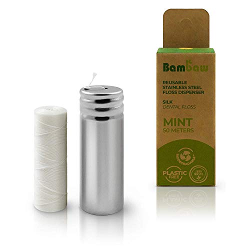 Fil Dentaire Écologique | Fil dentaire soie | Ruban Dentaire | Cire de Candelilla | Sans Plastique | Distributeur en Inox | Porte Fil dentaire Zero Dechet | Fil Dentaire Bio | Menthe | 50 m | Bambaw