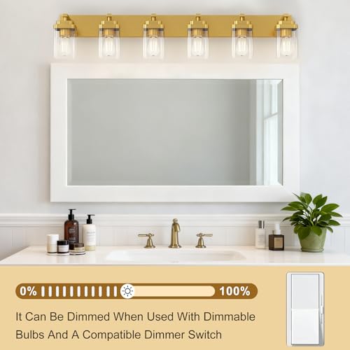 Image of Brushed Gold Bathroom Light Fixtures, 6 Lights Bathroom Lighting Fixtures Over Mirror, Square Design & Rectangle Large Backplate, Modern Vanity Lighting Fixtures, for Living Room /Bedroom