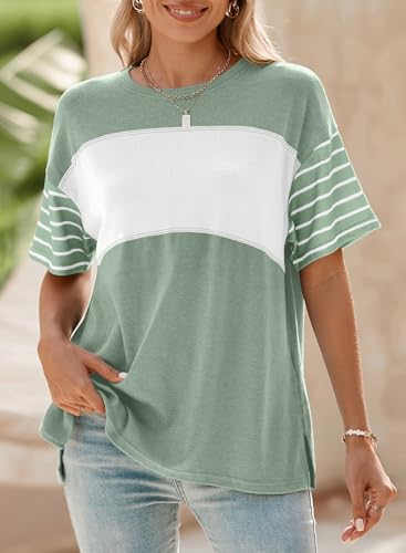 Dokotoo Summer Tops Trendy Oversized 2025 Crewneck Casual Color Block Striped Womens Shirts Blouses2