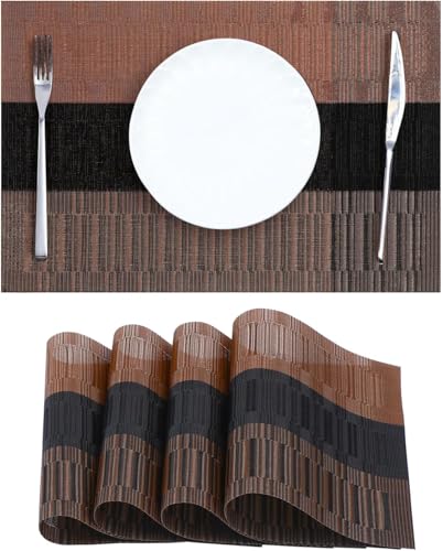 Image of Placemats Set of 6 Dining Table Place Mats | Placemats Table Mat PVC Material | Non-Slip Heat Resistant | Dining Tablemates Washable Anti-Skid | Size 45 x 30cm (Brown & Black Stripe)