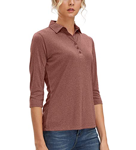 Women's 3/4 Sleeve Polo Shirts Moisture Wicking Performance Knit Tops Fitness Workout Running Sports Leisure T-Shirt (Claret Red,2XL)