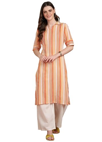 Image of Akiko Women's Cotton Crape Calf Length Strip Print Half Lenght Sleeve V-Neck Straight Kurta(Orange)