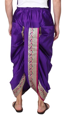 Image of Rameshwaram Fabrics Readymade Dhoti for Men, Velcro Style Stitched Mens Silk Dhoti Pant with Stole Set