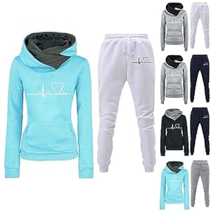 Generisch Damen Sportanzug Set 3/4 Oversize Sommer Winter, Damen Trainingsanzug Set 2-Teilig Heartbeat Print Hoodie Jogginghose Sweatshirt Hose Zweiteiler Jogginganzüge Kapuzenpullover