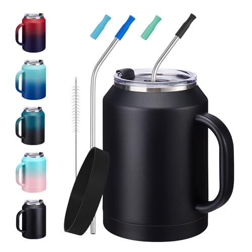 Image of Insulated Coffee Mug 50 oz Tumbler with Handle - Metal Straws, Wide Mouth Leak-proof BPA-Free Stainless Steel Coffee Cup, Insulated Tumbler Big Travel Thermal Flask Water Bottles Keep Cold 36 Hrs