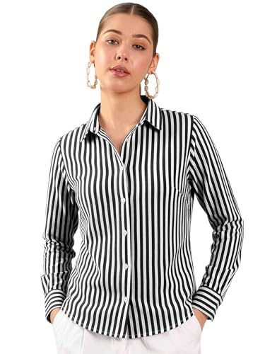 Image of Aahwan Solid Button Up Drop Shoulder Vertical Stripe Pattern Casual Long Sleeve Shirt for Women's & Girl's