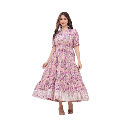 Image of Women's Floral Print Anarkali Kurti | Flared Long Maxi Kurta in Soft Cotton Fabric | Elegant Ethnic Wear for Casual & Festive Use | Anarkali Gown for Girls | 48 inch Length