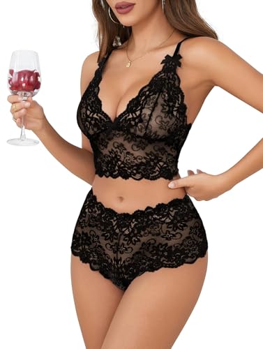Lilosy Sexy Women Lace Pajamas Lingerie Set High Waist Sheer Sleepwear Bow Ties Cami Shorts Bra and Panty3