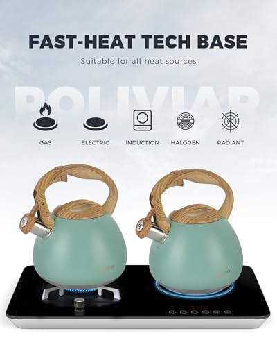 Image of POLIVIAR Tea Kettle, 2.7 Quart Blue Finish with Wood Pattern Handle Loud Whistle Food Grade Stainless Steel Teapot, Anti-Hot Handle and Anti-Rust, Suitable for All Heat Sources JX2025-TB30
