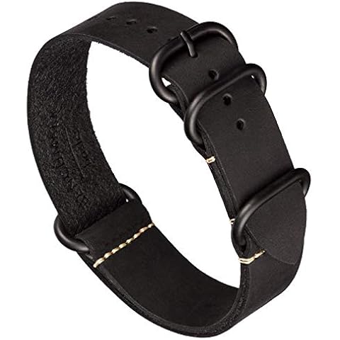 Benchmark Basics Leather Watch Band - Zulu Crazy Horse Oiled Leather One-Piece Watch Strap - 22mm, Black PVD Cover