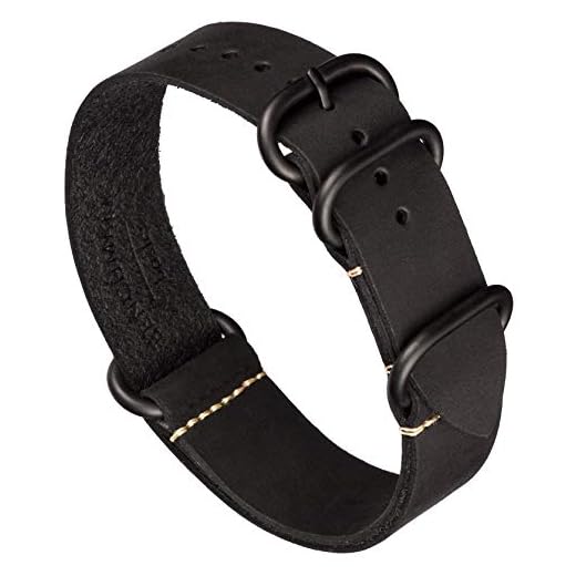 Benchmark Basics Leather Watch Band - Zulu Crazy Horse Oiled Leather One-Piece Watch Strap - 20mm, Black PVD