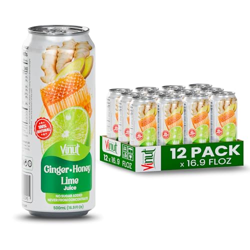 Image of VINUT Ginger, Honey & Lime Juice, 85% Juice, No Added Sugar, Not From Concentrate, 16.9 fl oz (500 mL) Can, Pack of 12
