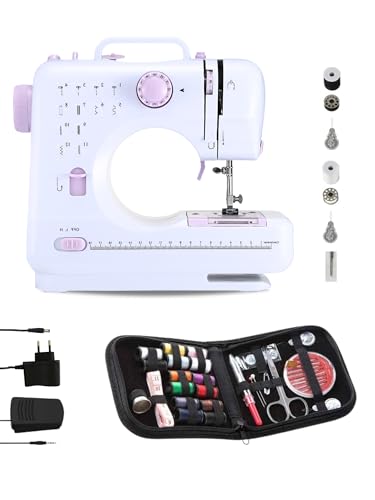 Máquina de Coser Portátil con 2 Velocidades y 12 Puntadas, Pedal, 2 Carretes, Aguja de Recambio, Cortador de Hilo y Luz de Trabajo, Funciona con Cable o (Pilas AA no incluidas) + Kit de Costura.