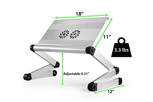 WorkEZ Executive Adjustable Laptop Stand with 2 Fans 3 USB Ports Ergonomic Aluminum Lap Desk for Bed Couch tray holder folding height tilt angle cooling cooler portable desktop riser silver
