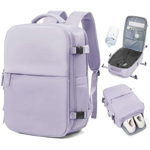 Large Vacuum Travel Backpack Air Vacpack Vacuum Compression Seal Bags with Pump Flight Approved Carry on Luggage Personal item Travel Bag Laptop Backpack with Shoe Compartment Purple