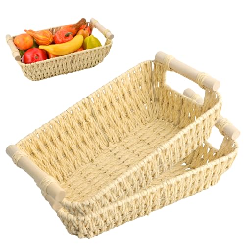 Focenat 2 Unidades Cesta trenzada apilable,Natural con Cestas de Almacenamiento de Manijas,Cestas de Almacenamiento de Mimbre,Cestas Almacenaje Organizadora Decorativo,para Mesas,Cocinas,Salones