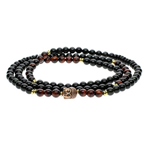 COAI Bracelet Mala 108 Perles Obsidienne Noire Œil de Tigre Rouge Tête de Bouddha Unisexe