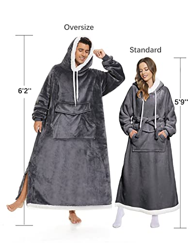 Wearable Blanket Sherpa Fleece Thick Warm Long Hoodie Blanket 1Pcs Big Hooded Sweatshirt Hoodie Blanket Jacket Gift For Adults Women 5'5''-5'9'' Tall Girls Teenagers Teens Men Dark Grey #TOP2