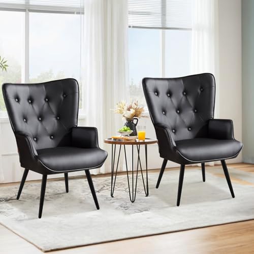 Ckaff Ohrensessel Sessel Wohnzimmer 2er Set, Skandinavischer Stil Relaxsessel PU-Kunstleder mit Hoher Rückenlehne Loungesessel Polstersessel fürs Wohnzimmer Schlafzimmer Arbeitszimmer, Schwarz