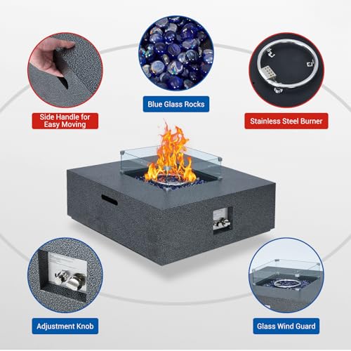 36 in Outdoor Propane Gas Fire Pit Table, 50000BTU Iron Gas Firepit Table w 16 in Tank Cover, Wind Guard, Removable Lid, Blue Fire Glass, Rain Cover, CSA Certified Firepit Set for Outside