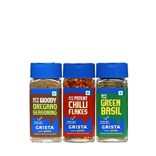 Image of CRISTA Basic Italian Spices Combo Pack | Chilli Flakes x 1, 30 gms | Basil x 1, 15 gms | Oregano Seasoning x 1, 50 gms | Pack of 3 | Zero added Colours, Fillers, Additives & Preservatives