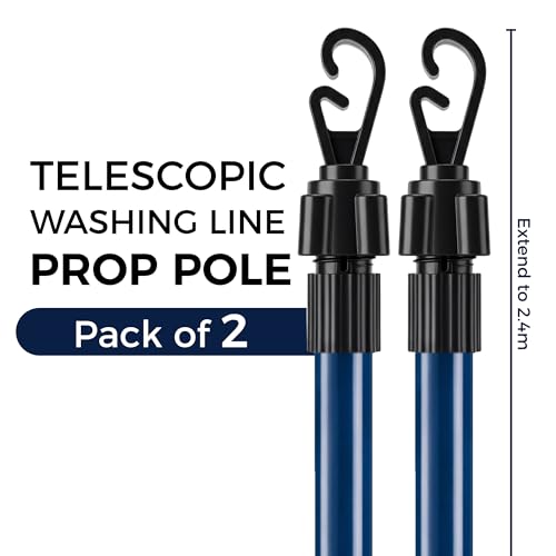 Telescopic Washing Line Prop Pole Clothesline Heavy Duty Home Garden Washing Line Dry Clothes Drying Airer Support Clothes Line Pole Galvanised Laundry Washing Line Poles Extenedable to 2.4M Pack of 2 - 2