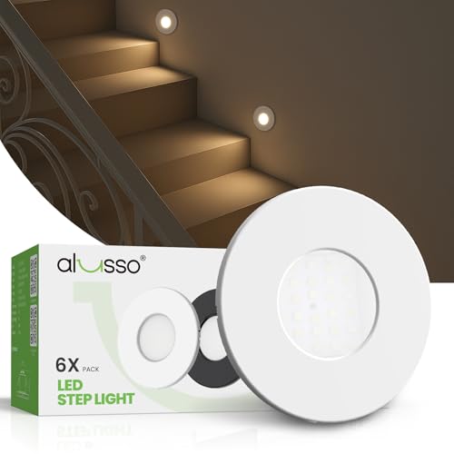 ALUSSO 3CCT Regulable Iluminación Escalera, 230V 0.5W/1.5W/2.5W Luz Led Escaleras, 3000K/4000K/6500K IP44 Luz de Empotrada, Blanco Redondo, Paquete de 6