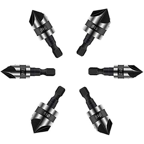 Wood Countersunk Drill, 6 Pcs HSS Countersink Set, Wood Quick Change Bit, Hex Shank Wood Drilling Bits, Woodworking Countersink Drill Bits Set, for Wood Quick Change, 12/16/19mm Cover