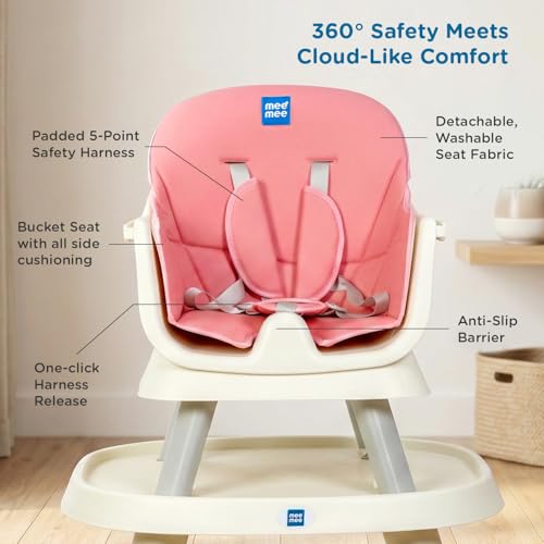 Image of Mee Mee Little Scholar Baby High Chair for Baby Feeding, 6-in-1 Convertible Kids Feeding Chair Compact Fold with High Adjustable, Play Chair Booster, Travel Friendly, 0.5 to 3 Years Kids (Pink)