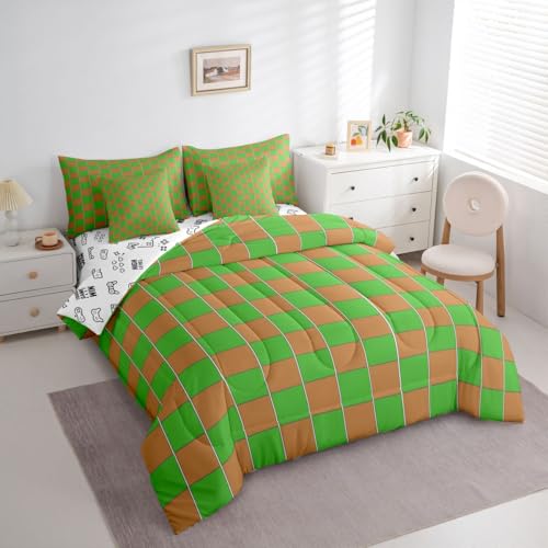 Image of Erosebridal Gaming Checkered King Bed in A Bag 7 Piece Gamer Plaid Comforter Set with Sheets Checkerboard Games Bedding Sets for Kids Adults,Geometric Grids Bed Set